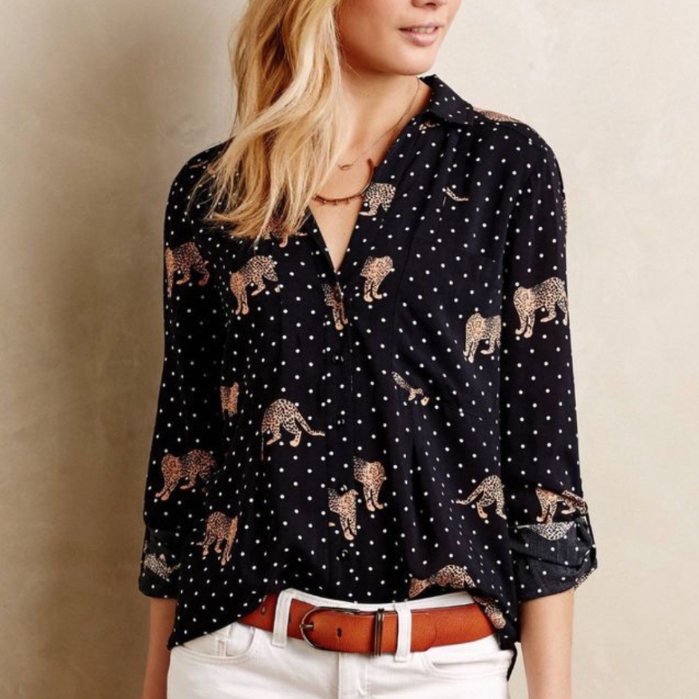 Casia Henley Leopard Print Button Down Shirt by Maeve Anthropologie  size 8